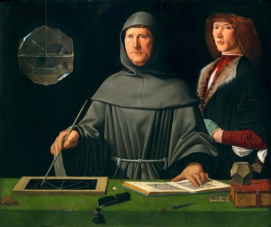 Portrait of Luca Pacioli (1445-1517) with a student, probably the Duke of Urbino Guidobaldo da Montefeltro, 1495. Creator: Jacopo de' Barbari (c. 1460/70-before 1516).