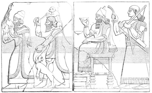 Nimroud Sculptures at the British Museum - Tribute Bearers; Assyrian King and Sword-Bearer, 1850. Creator: Unknown.