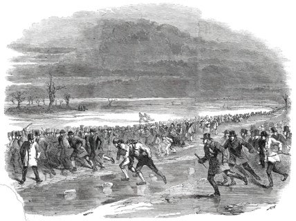 Sports on the Ice - Skating Race on Whittlesea Mere, 1850. Creator: Smyth.