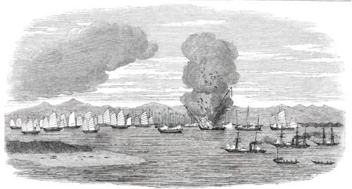 Destruction of Shap-'Ng-Tsai's Piratical Fleet, by the British, in the Gulf of Tonquin, 1850. Creator: Unknown.