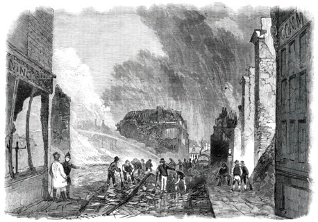 Ruins of the Great Fire at Gravesend - High-Street - looking North, 1850. Creator: Unknown.