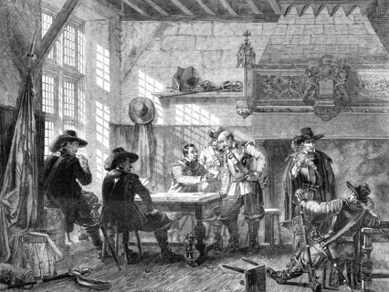 The Guard Room - painted by L. Haghe, 1850. Creator: Walter Mason.