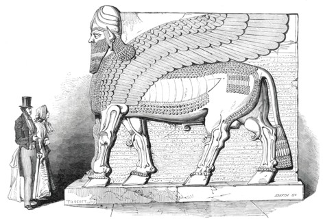Nimroud Sculptures Just Received at the British Museum - Human-Headed and Eagle-Winged Bull, 1850. Creator: Smyth.