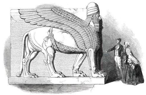 Nimroud Sculptures Just Received at the British Museum - Human-Headed and Winged Lion, 1850. Creator: Smyth.