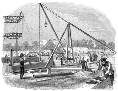 The Great Exhibition Building in Hyde Park - Unloading Girders, 1850. Creator: Unknown.