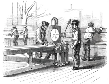 The Great Exhibition Building in Hyde Park - the Sash-Bar Finishing Machine, 1850. Creator: Unknown.