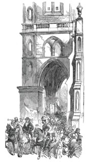 The Procession passing St. Mary's Church, Warwick May Fair Show, 1850. Creator: Unknown.