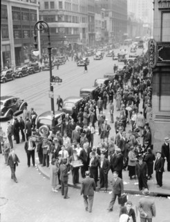 Background for Hightstown project photographs, Seventh Avenue and West 28th Street, New York, 1936. Creator: Dorothea Lange.