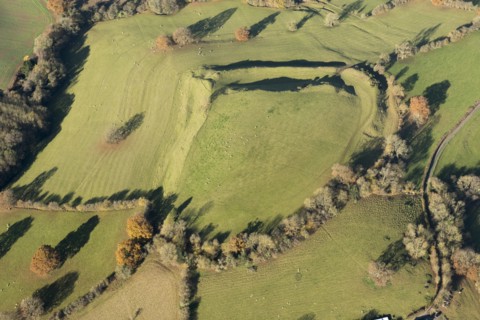 Bach Camp, a univallate Iron Age hillfort earthwork, near Brockmanton, Herefordshire, 2016. Creator: Damian Grady.