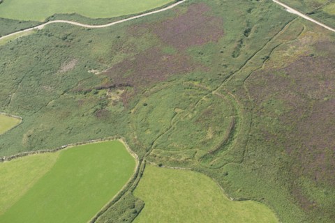 Caer Bran Iron Age multivallate hillfort earthwork, near Sancreed, Cornwall, 2016. Creator: Damian Grady.