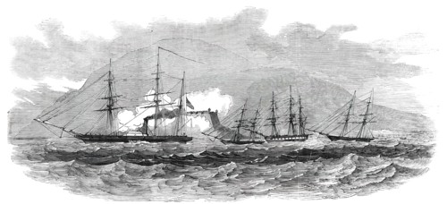 H. M. Steam-Frigate "Cormorant" Passing the Fort of Paranagua, and Engaging, 1850. Creator: Unknown.