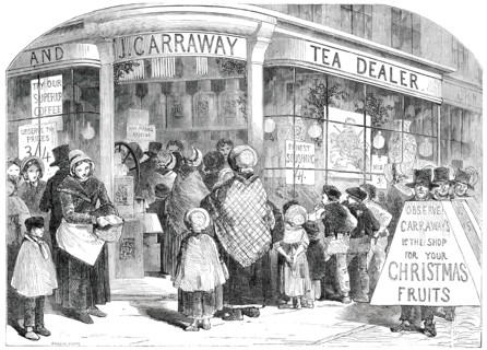 The Grocer's Shop at Christmas - drawn by Foster, 1850. Creator: Edmund Evans.