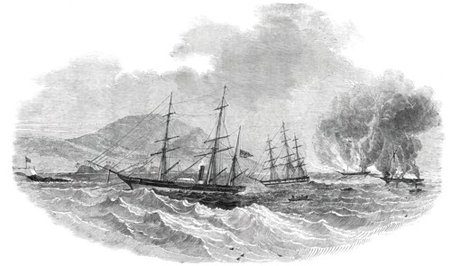 The "Cormorant" at Anchor, Destroying the Slave-Brigs "Serea" and "Donna Anna", 1850. Creator: Unknown.