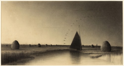 Sailboat and Haystacks on Newbury Marsh, n.d. Creator: Unknown.