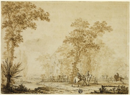 Soldiers Exercising Horses Near River, 1785. Creator: Jacques François Joseph Swebach-Desfontaines.