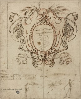 Funereal Cartouche with Inscription and Sketches of Skeletons and Ornamental Details, 1628. Creator: Baccio del Bianco.