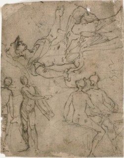 Sketches of Seated Warrior, Various Figures, 1585/95. Creator: Bernardo Castello.