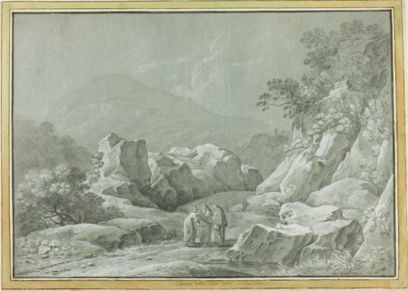 Two Monks giving Water to a Woman and Child in the Wilderness, n.d. Creator: Carlo Labruzzi.