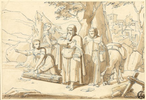 Peasant Woman Giving Directions to Monks, 1850. Creator: Eugenio Agneni.