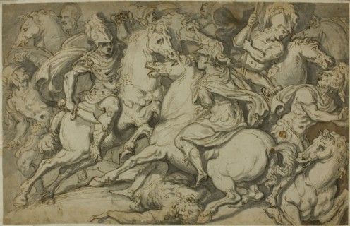 Cavalry Skirmish (recto); Kneeling Ecorché (verso), 1530/39. Creator: Francesco Salviati.