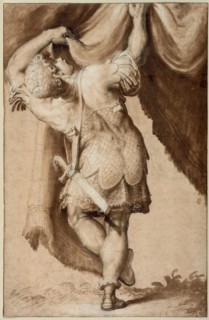 Young Warrior, Seen from Behind, Lifting a Curtain, 1550/55. Creator: Francesco Salviati.
