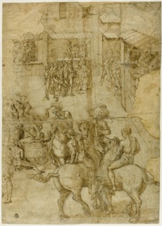 Mythological Pageant (recto); Illegible Inscriptions and Anatomical Studies of...(verso), 1528/29. Creator: Girolamo Genga.