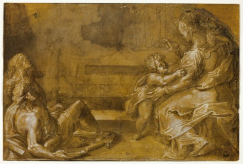 Two Reclining Beggars, and Seated Mother and Child, at Foot of Steps, n.d. Creator: Girolamo Macchietti.