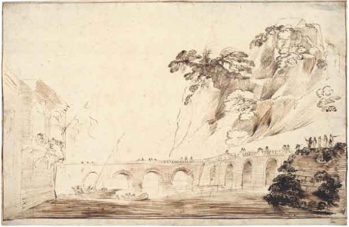 Landscape with a River Crossed by a Bridge, Lined with Spectators, Leading to a..., c.1630. Creator: Guercino.