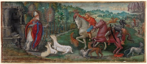 Miracle of the Deer of Saint Bassiano, from a Choir Book, 1500/10. Creator: Francesco Binasco.