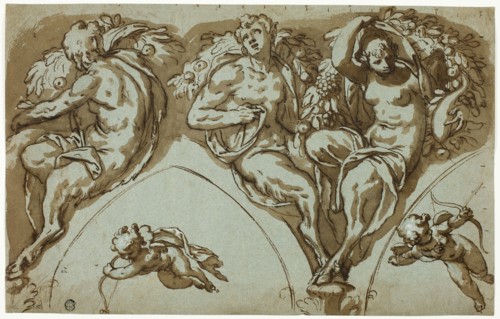 Study for Spandrel Decoration with Satyress, Satyrs, and Putti (r); Head of Putto (v), c.1588. Creator: Paolo Farinati.