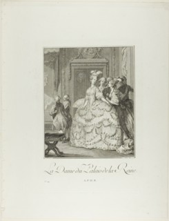 The Queen's Lady-in-Waiting, from Monument du Costume Physique et Moral de la fin..., 1777. Creators: Pietro Antonio Martini, Laurent-François Prault.