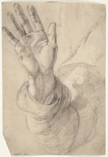 Upraised Right Hand, with Palm Facing Outward: Study for Saint Peter, 1518/20. Creator: Raphael.