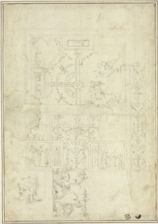 Ceiling Design, with Sketches of Ornamental Border, Helmeted Head (recto); Sketches..., n.d. Creators: School of Giovanni da Udine, called Giovanni dei Ricamatori, School of Perino del Vaga.