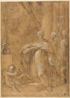 San Carlo Borromeo Adoring an Image of the Birth of the Virgin, 1684/87. Creator: Sigismondo Caula.