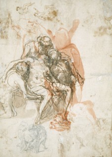 Three Figures Supporting a Man, Smaller Sketch of the Same, and Studies for the..., c.1558. Creator: Taddeo Zuccaro.