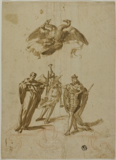 Allegorical Subject: Two-headed Imperial Eagle on Clouds; On Ground, a Draped..., 16th century. Creator: Unknown.