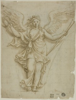 Spandrel Design with Allegorical Figure of Fame (r); Design for Coat of Arms (v), c.1532. Creator: Workshop of Giulio Pippi, called Giulio Romano.