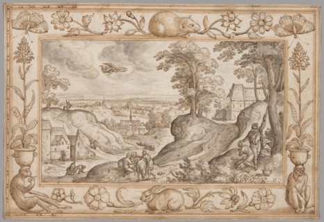 Landscape with the Sacrifice of Isaac within a Decorative Border of Plants and Animals, 1584. Creator: Hans Bol.