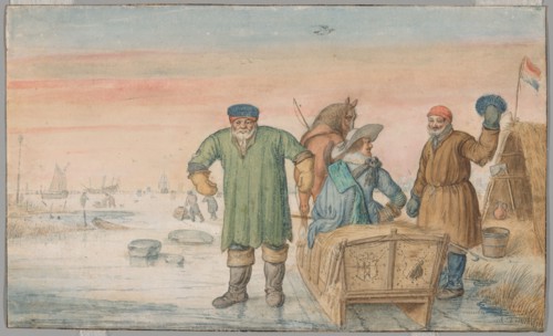 Two Old Men beside a Sled Bearing the Coats of Arms of Amsterdam and Utrecht, 1620/33. Creator: Hendrick Avercamp.