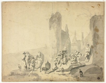 Harborside Scene with Various Figures, n.d. Creators: Hendrik Verschuring, Thomas Wyck, Nicolaes Berchem.