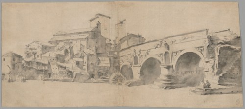 View of the Ponte Rotto, Rome, with Watermills, late 1630s. Creator: Jan Asselijin.
