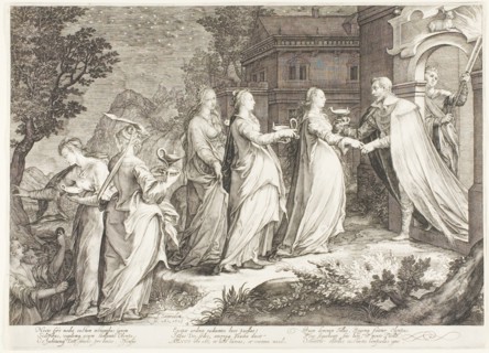 Plate Four, from Five Wise and Five Foolish Virgins, 1606. Creator: Jan Saenredam.