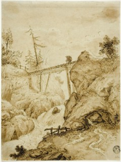 Man Crossing Log Bridge over Torrent, n.d. Creator: Jan van Eyck.