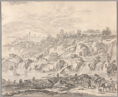 Landscape with Waterfalls and Bridges, Peasants in the Foreground, c.1670. Creator: Nicolaes Berchem.