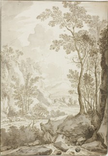Landscape of Road through Trees and Hills; Figure on Donkey in Distance, 1638/1710. Creators: Unknown, Jan Hackaert.