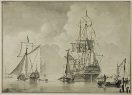 Warships and Other Boats in Harbor, 1780/90. Creator: Unknown.