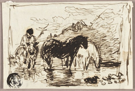Sketch of Watering Horses, c.1847. Creator: John Burnet.