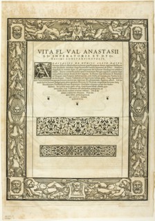 Decorative Border (recto) and Portrait of Emporer Anastasius (verso), plate nine...1937. Creators: Hans Rudolf Manuel Deutsch, Max Geisberg, Peter Flotner.