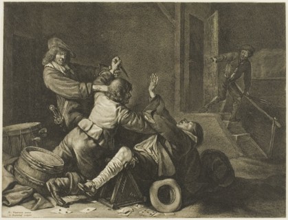 Three Men Struggling in an Interior, n.d. Creator: Jonas Suyderhoef.