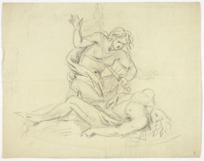 Pyramus and Thisbe (recto); Three Male Figures with Mausoleum Floor Plan (verso)..., 19th... Creator: Thomas Banks.